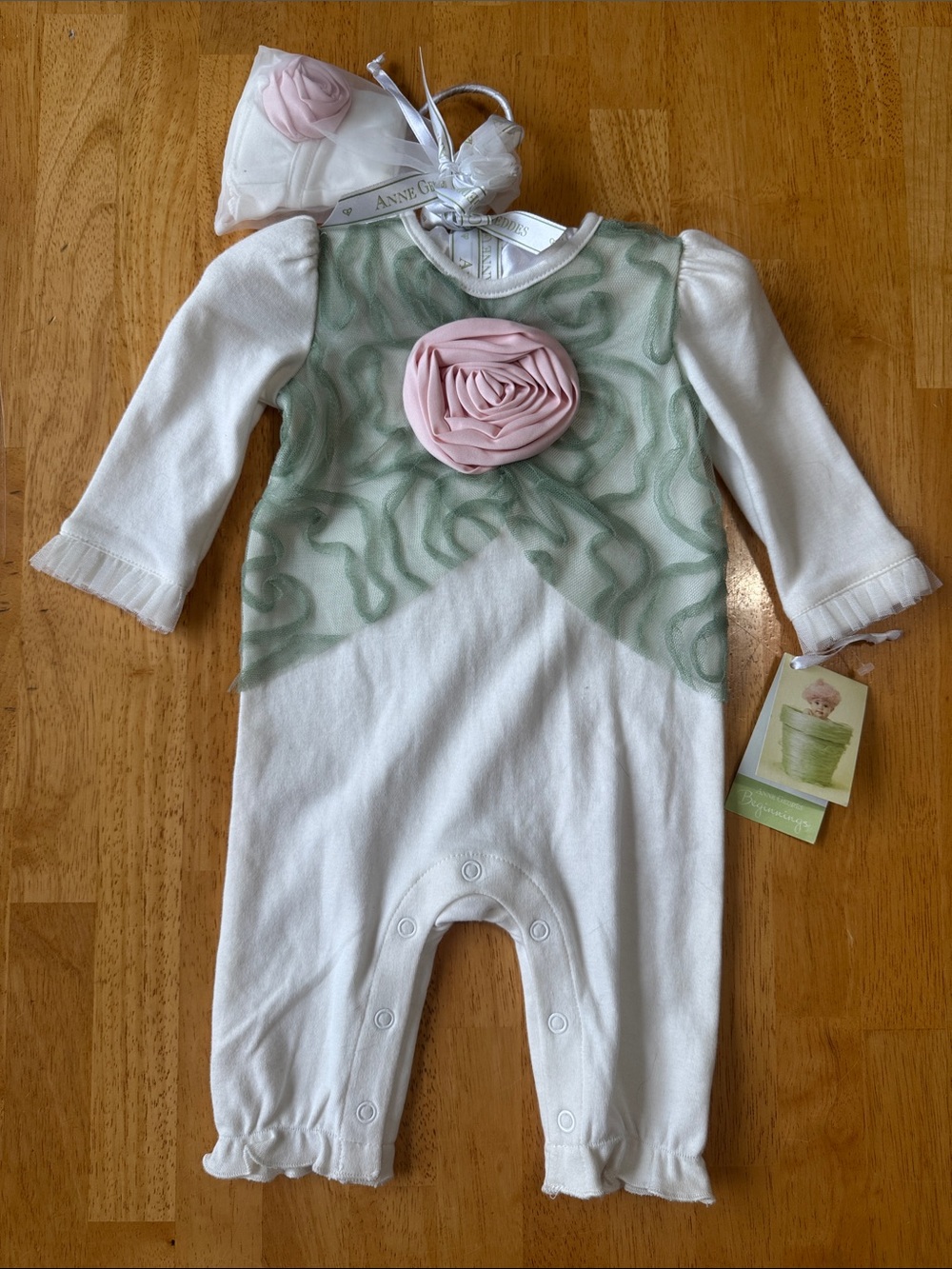 Anne Geddes White & Sage Floral Rosette Baby One-Piece with Hat